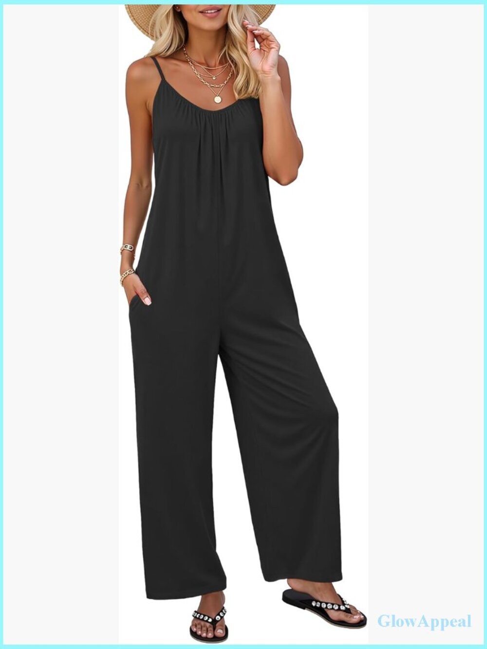 Sleeveless Spaghetti Strap Wide Leg Jumpsuit Romper with Pockets